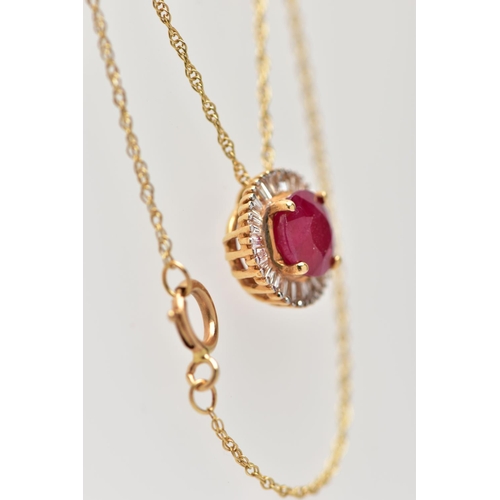 99 - AN 18CT YELLOW GOLD GLASS FILLED RUBY AND DIAMOND CLUSTER PENDANT, WITH YELLOW METAL CHAIN, the pend... 