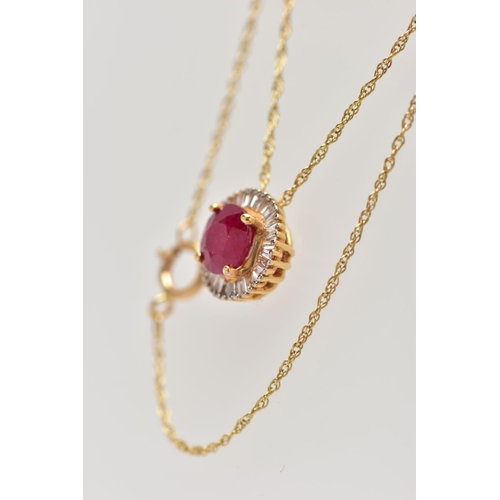 99 - AN 18CT YELLOW GOLD GLASS FILLED RUBY AND DIAMOND CLUSTER PENDANT, WITH YELLOW METAL CHAIN, the pend... 