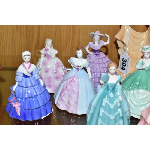 304 - A COALPORT FIGURINE AND NINE COALPORT MINUETTES FIGURINES, comprising Coalport Ladies of Fashion Jun... 