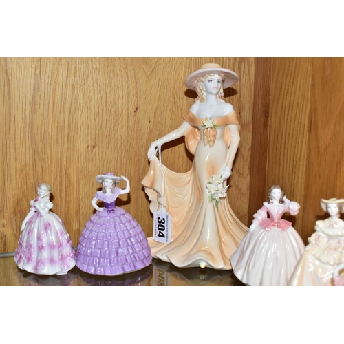 304 - A COALPORT FIGURINE AND NINE COALPORT MINUETTES FIGURINES, comprising Coalport Ladies of Fashion Jun... 