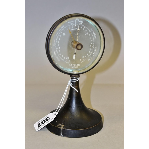 307 - A CP GOERZ BERLIN ANEROID DESK BAROMETER, having a glass face with white dial, with painted black me... 