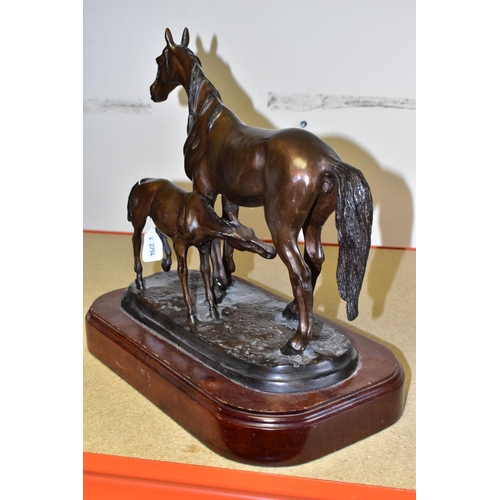 329 - A BRONZE SCULPTURE OF A MARE AND FOAL, on a wooden stand marked on base P.J. Méné , height 33cm (1)