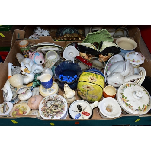 334 - SIX BOXES OF CERAMICS AND ORNAMENTS, to include a Poole Pottery spear shaped Delphis design platter,... 