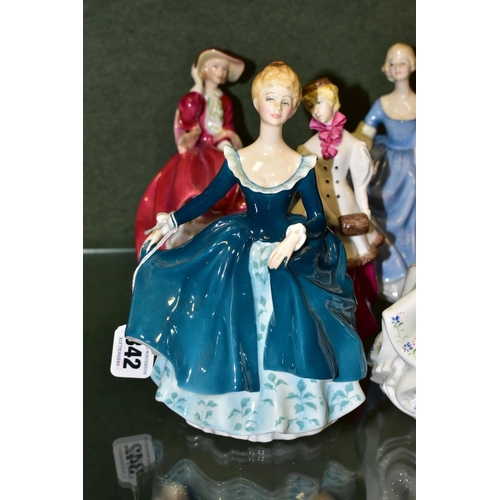 342 - FIVE ROYAL DOULTON AND ROYAL WORCESTER FIGURINES, comprising Royal Doulton Janine HN2461, Cynthia HN... 