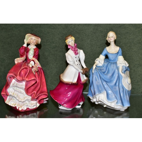 342 - FIVE ROYAL DOULTON AND ROYAL WORCESTER FIGURINES, comprising Royal Doulton Janine HN2461, Cynthia HN... 