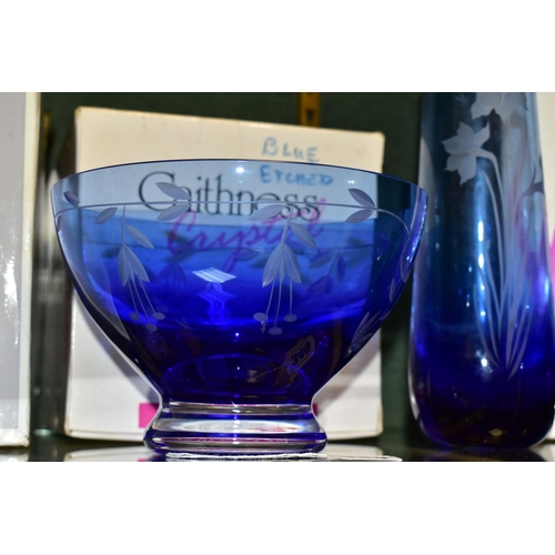 349 - THREE PIECES OF BLUE CAITHNESS GLASS WARES, comprising a boxed footed bowl etched with fuchsias, hei... 