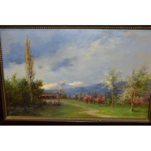 354 - E. SWINBURN (19TH CENTURY) AN IMPRESSIONIST STYLE LANDSCAPE, a path flanked by trees leads to low bu... 