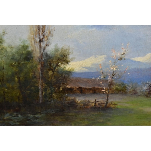 354 - E. SWINBURN (19TH CENTURY) AN IMPRESSIONIST STYLE LANDSCAPE, a path flanked by trees leads to low bu... 