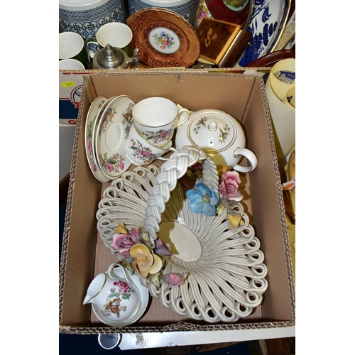 355 - THREE BOXES AND LOOSE CERAMICS, LAMPS AND SUNDRY ITEMS, to include a pair of Royal Worcester Cornuco... 