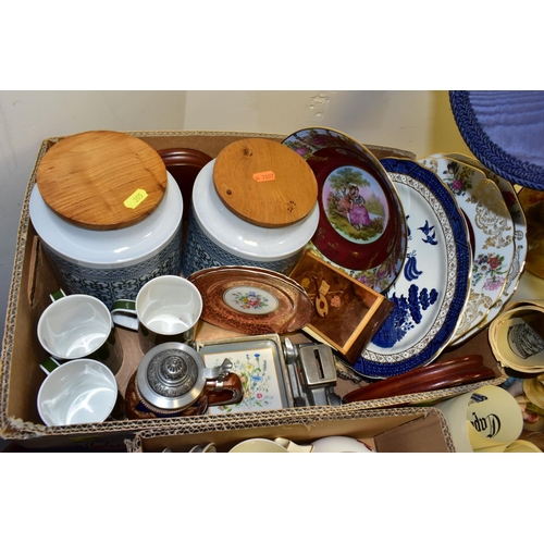 355 - THREE BOXES AND LOOSE CERAMICS, LAMPS AND SUNDRY ITEMS, to include a pair of Royal Worcester Cornuco... 