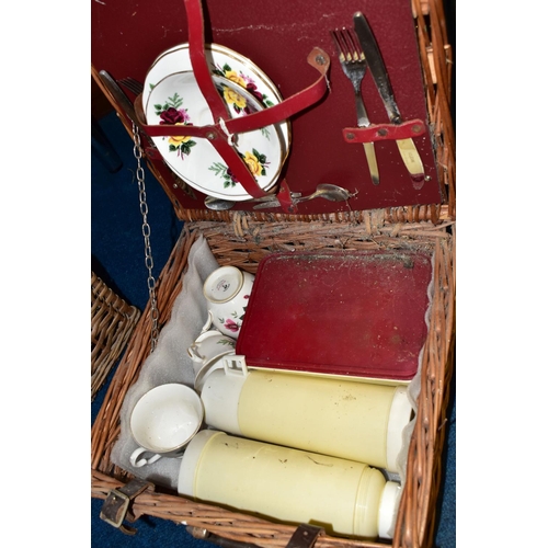 356 - THREE BOXES AND LOOSE TREEN, BASKETS AND SUNDRY ITEMS, to include a Brexton Collection picnic hamper... 