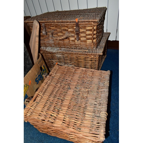 356 - THREE BOXES AND LOOSE TREEN, BASKETS AND SUNDRY ITEMS, to include a Brexton Collection picnic hamper... 