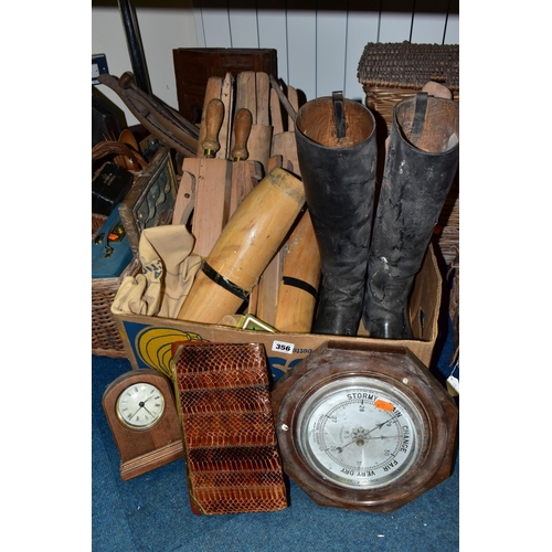 356 - THREE BOXES AND LOOSE TREEN, BASKETS AND SUNDRY ITEMS, to include a Brexton Collection picnic hamper... 