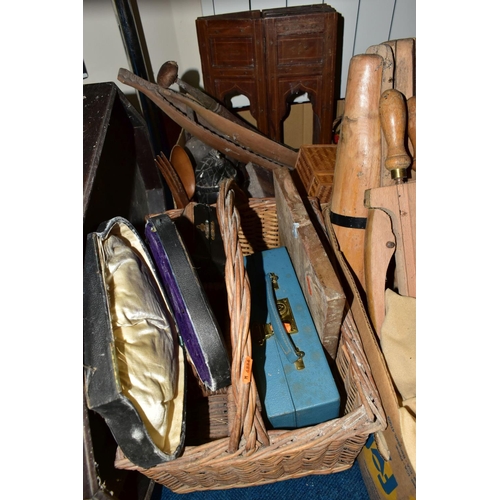 356 - THREE BOXES AND LOOSE TREEN, BASKETS AND SUNDRY ITEMS, to include a Brexton Collection picnic hamper... 