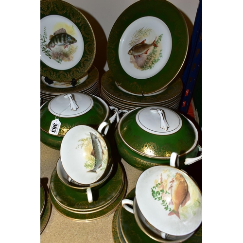 363 - AN 'EDWARDIAN'  DINNER SERVICE DECORATED WITH COLD WATER FISH, with a green and gold border comprisi... 