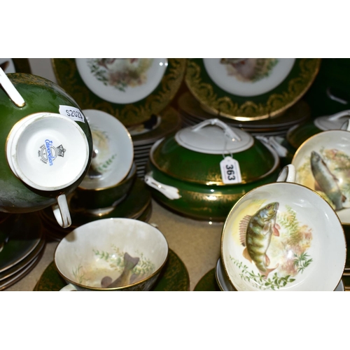 363 - AN 'EDWARDIAN'  DINNER SERVICE DECORATED WITH COLD WATER FISH, with a green and gold border comprisi... 