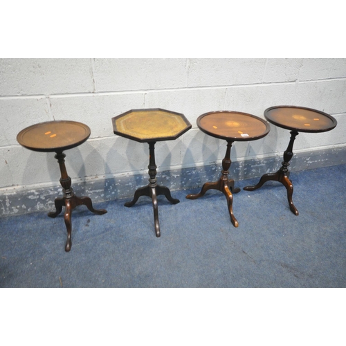 1284 - A PAIR OF MAHOGANY WINE TABLE with a central fan inlay, along with an octagonal leather top wine tab... 