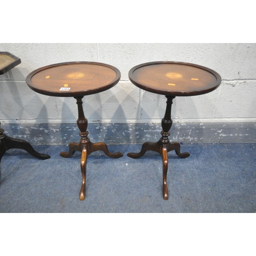 1284 - A PAIR OF MAHOGANY WINE TABLE with a central fan inlay, along with an octagonal leather top wine tab... 