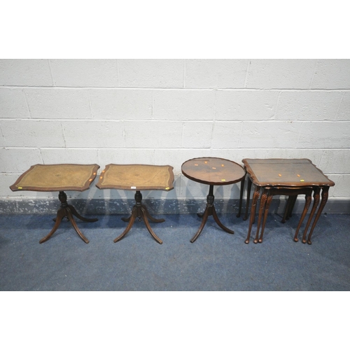 1285 - A PAIR OF MAHOGANY SERPENTINE LEATHER TOP TRIPOD TABLE, along with an oval tripod table and a nest o... 