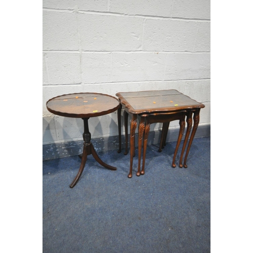 1285 - A PAIR OF MAHOGANY SERPENTINE LEATHER TOP TRIPOD TABLE, along with an oval tripod table and a nest o... 