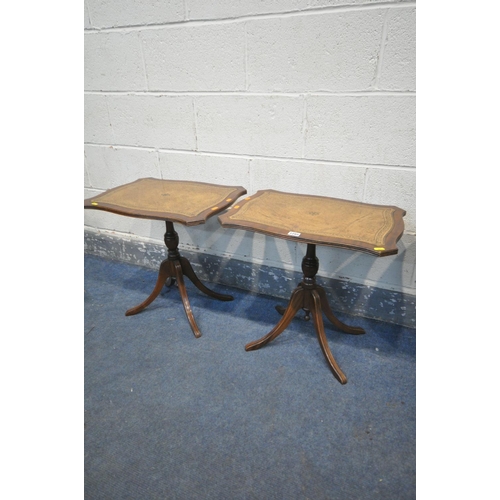 1285 - A PAIR OF MAHOGANY SERPENTINE LEATHER TOP TRIPOD TABLE, along with an oval tripod table and a nest o... 