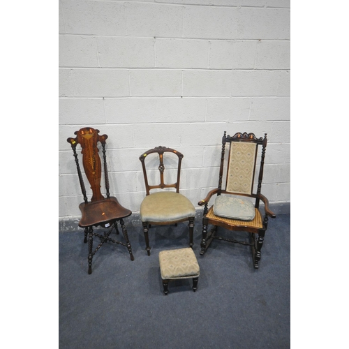 1286 - A VICTORIAN STYLE MAHOGANY AND INLAID HIGH BACK CHAIR, along with a bergère seated mahogany rocking ... 