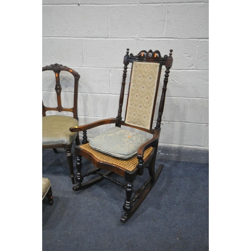 1286 - A VICTORIAN STYLE MAHOGANY AND INLAID HIGH BACK CHAIR, along with a bergère seated mahogany rocking ... 