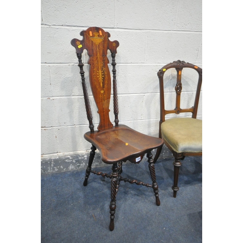 1286 - A VICTORIAN STYLE MAHOGANY AND INLAID HIGH BACK CHAIR, along with a bergère seated mahogany rocking ... 