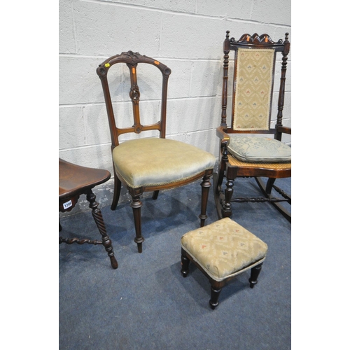 1286 - A VICTORIAN STYLE MAHOGANY AND INLAID HIGH BACK CHAIR, along with a bergère seated mahogany rocking ... 