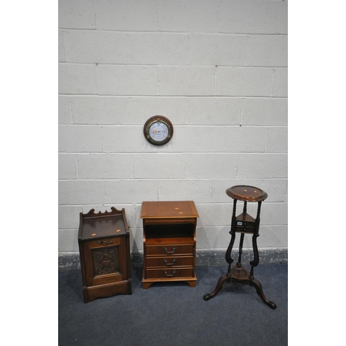 1287 - A MAHOGANY WIG STAND with two drawers, along with an Edwardian fall front purdonium, a yew wood cabi... 