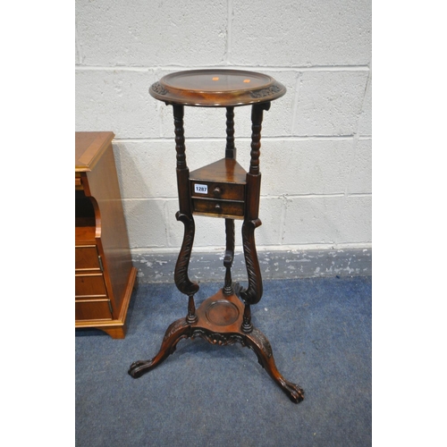 1287 - A MAHOGANY WIG STAND with two drawers, along with an Edwardian fall front purdonium, a yew wood cabi... 