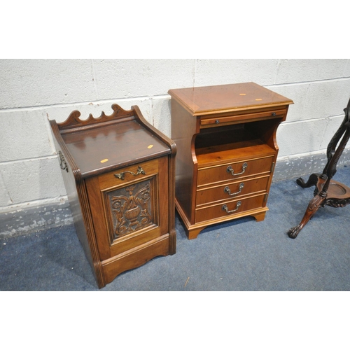 1287 - A MAHOGANY WIG STAND with two drawers, along with an Edwardian fall front purdonium, a yew wood cabi... 