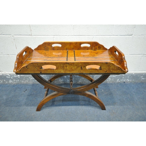 1288 - A REPRODUCTION BURR WALNUT BUTLERS TRAY, on separate cross framed base, width 83cm x depth 50cm x he... 