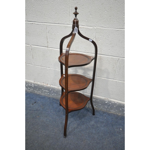 1289 - AN EDWARDIAN MAHOGANY THREE TIER CAKE STAND, height 98cm