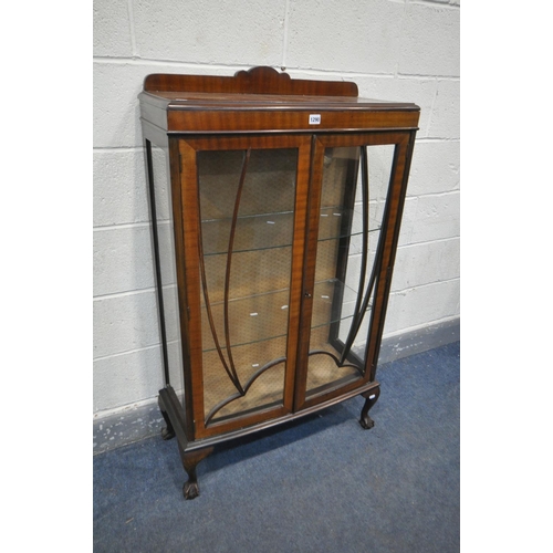 1290 - A MAHOGANY TWO DOOR DISPLAY CABINET, on ball and claw feet, width 75cm x depth 33cm x height 130cm