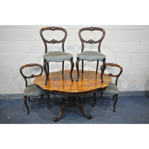 1292 - A VICTORIAN ROSEWOOD BREAKFAST TABLE, with a wavy top, on four scrolled legs and casters, length 137... 