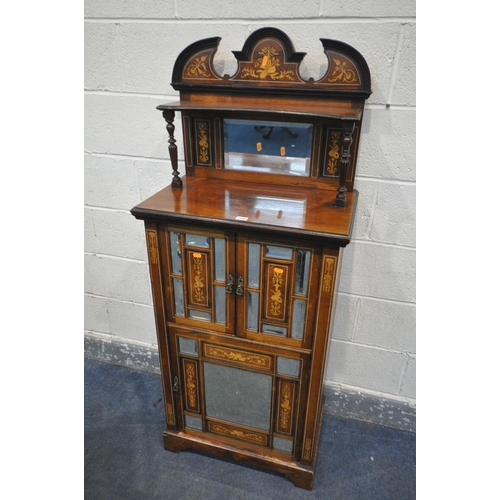 1293 - A 19TH CENTURY ROSEWOOD AND MARQUETRY INLAID MUSIC CABINET, incorporating a raised back with a singl... 