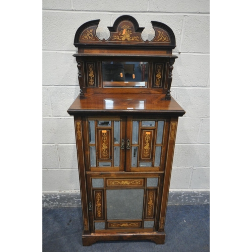 1293 - A 19TH CENTURY ROSEWOOD AND MARQUETRY INLAID MUSIC CABINET, incorporating a raised back with a singl... 