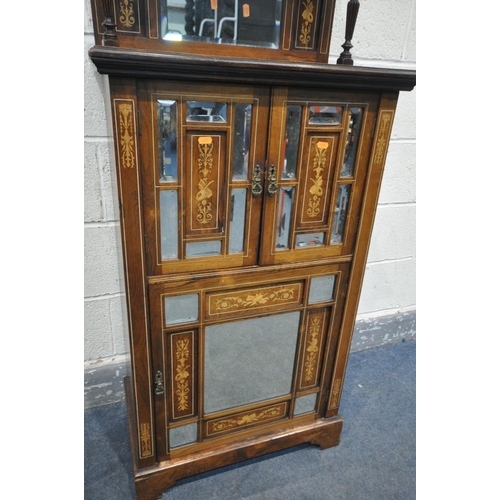 1293 - A 19TH CENTURY ROSEWOOD AND MARQUETRY INLAID MUSIC CABINET, incorporating a raised back with a singl... 