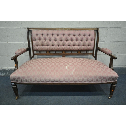 1294 - A 19TH CENTURY ROSEWOOD AND MARQUETRY INLAID SOFA, with buttoned pink upholstery, and open armrests,... 