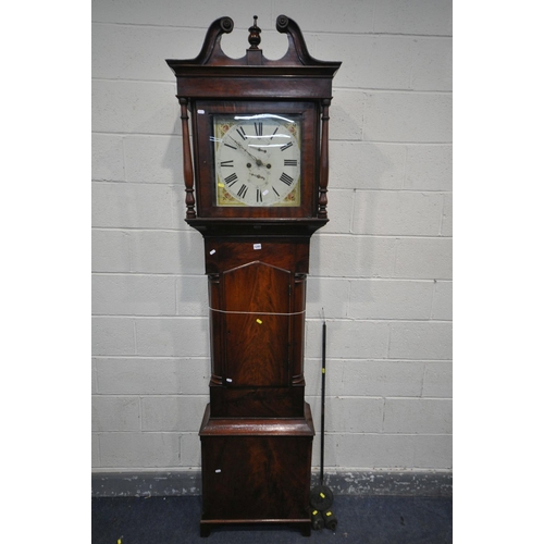 1295 - A GEORGE IV MAHOGANY EIGHT DAY LONGCASE CLOCK, the hood enclosing a painted 13 inch dial, with roman... 