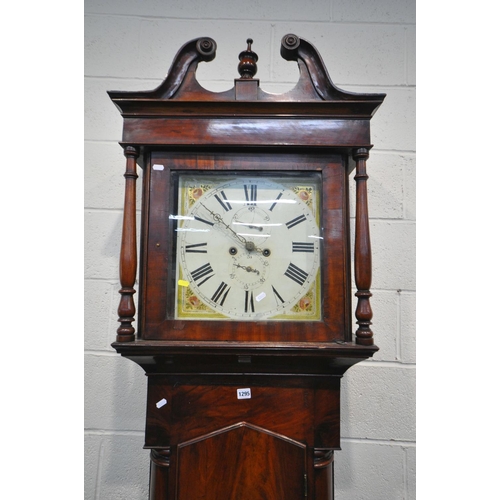 1295 - A GEORGE IV MAHOGANY EIGHT DAY LONGCASE CLOCK, the hood enclosing a painted 13 inch dial, with roman... 