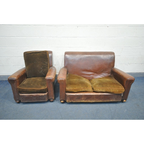 1301 - A VINTAGE BROWN LEATHER LOUNGE SUITE, comprising a two seater settee and an armchair (condition:-ide... 