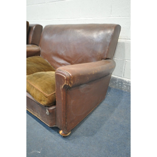 1301 - A VINTAGE BROWN LEATHER LOUNGE SUITE, comprising a two seater settee and an armchair (condition:-ide... 