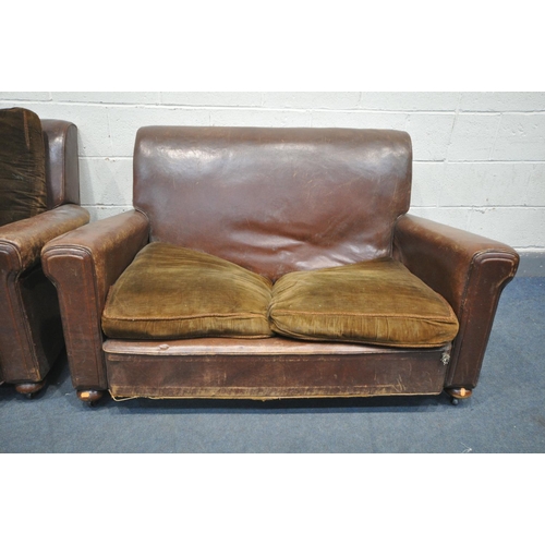 1301 - A VINTAGE BROWN LEATHER LOUNGE SUITE, comprising a two seater settee and an armchair (condition:-ide... 