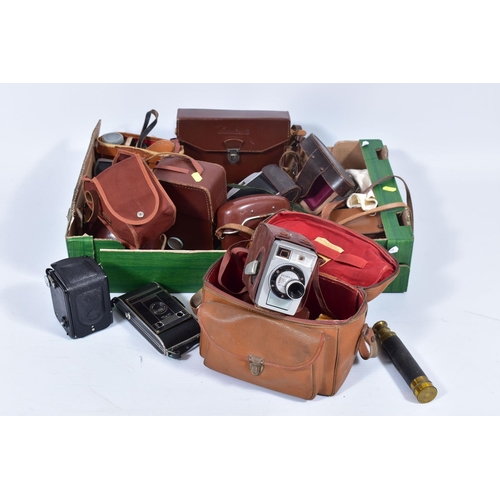 17 - A TRAY CONTAINING VINTAGE CAMERAS AND CINE EQUIPMENT including a Zeiss Ikon Baby Box Tengor, a Frenc... 