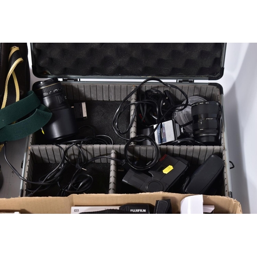 20 - A CASE AND A TRAY CONTAINING A CANON EOS 100 FILM SLR fitted with a EF mk2 28-80mm f3.5 lens, a Sigm... 