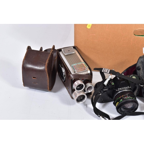 23 - A TRAY CONTAINING CAMERA AND OPTICAL EQUIPMENT including a Pentax MV fitted with a Vivitar 24mm wide... 