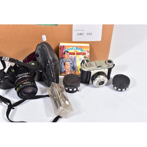23 - A TRAY CONTAINING CAMERA AND OPTICAL EQUIPMENT including a Pentax MV fitted with a Vivitar 24mm wide... 