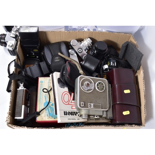 25 - TWO TRAYS AND A CASE CONTAINING CAMERA EQUIPMENT including a Canon T70 Film SLR body, a Braun Super ... 